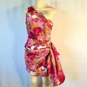 Reverse One Shoulder Floral Jacquard Mini Dress Pink Statement Bow 12 event